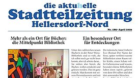 Die Titelseite der Stadtteilzeitung „aktuhelle“ April 2026 aus Hellersdorf-Nord mit Beitrag zur Bibliothek.