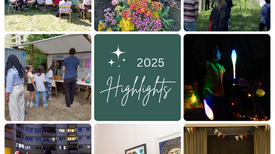 Farbige Bildersammlung mit Gärtnern, Workshops, Feuerkunst und Treffen aus Berlins QM-Gebieten 2025.