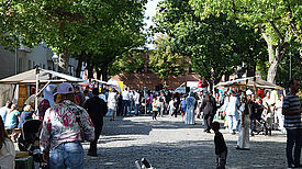 Straßenfest mit Ständen und vielen Menschen unter Bäumen, die gemeinsam Musik, Essen und Spiele genießen.