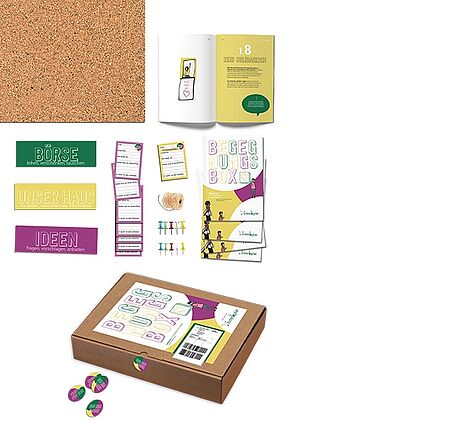Die Begegnungsbox beinhaltet eine Pinnwand für den kontaktlosen Austausch in der Hausgemeinschaft und ein Booklet für die Nachbarschaft zur Inspiration – gefüllt mit Tools, Ideen und mit vielen Unterstützungsangeboten und Informationen zu Hilfeleistungen. (Bild: Interkular)