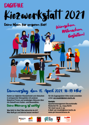 Am 15. April 2021 findet die neue Kiezwerkstatt statt. Flyer: QM Moabit West