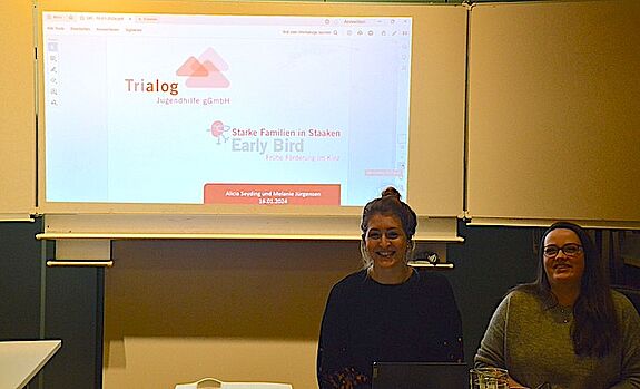 Mitarbeiterinnen von Trialog präsentieren das Projekt „Early Bird“, das junge Familien im Quartier Heerstraße Nord unterstützt. (Bild: QM Heerstraße Nord)
