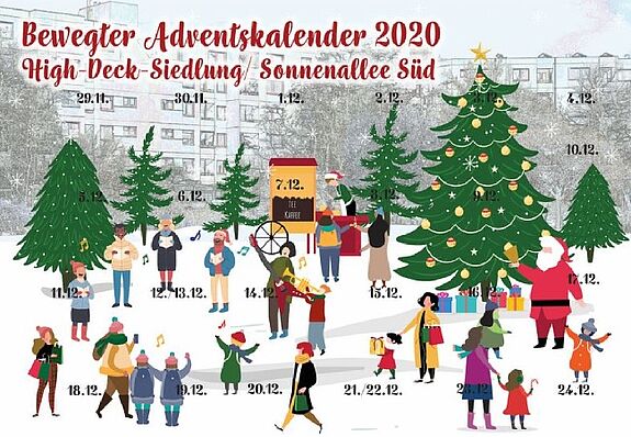 Zum bewegten Adventskalender lädt auch das QM High-Deck-Siedlung. Kooperationspartner und ehrenamtlich Aktive im Quartier haben sich gemeinsam mit dem QM fu?r die Adventszeit 2020 etwas ganz Besonderes u?berlegt. (Grafik: QM High-Deck-Siedlung)