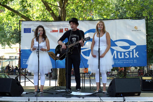 Die Musikgruppe Puppenzoo mit drei Musikern beim Auftritt auf der Panke Musik Bühne.