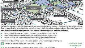 Bis zu den Sommerferien gibt es die Möglichkeit, sich über die Idee des „Lebendigen Campus“ zu informieren und Hinweise sowie Anregungen zu seiner weiteren Entwicklung beizusteuern. (Flyer: QM Dammwegsiedlung/Weiße Siedlung W+P BmbH)