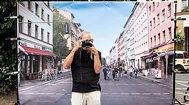 Porträtaufnahme durch das mobile „Foto Studio“. Bild: J. Dahm, Ch. Schmitz. Hintergrund: S. Manabosco