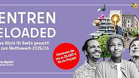 Auf dem Plakat des Wettbewerbs „Mittendrin Berlin! Projekte in Berliner Zentren“ sind drei Personen sowie das Motto zu sehen. 