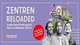 Auf dem Plakat des Wettbewerbs „Mittendrin Berlin! Projekte in Berliner Zentren“ sind drei Personen sowie das Motto zu sehen. 