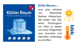 Infoplakat zum kühlen Raum im Stadtteilbüro Hellersdorfer Promenade mit Hinweisen zu Abkühlung an heißen Tagen.