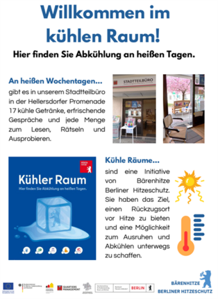 Infoplakat zum kühlen Raum im Stadtteilbüro Hellersdorfer Promenade mit Hinweisen zu Abkühlung an heißen Tagen.
