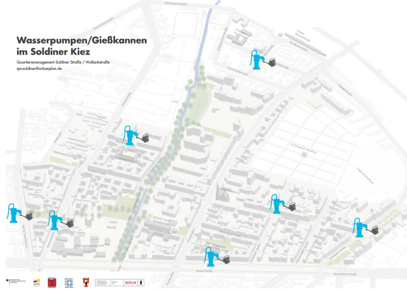 Auf der Karte ist zu sehen, wo sich die Wasserpumpen im Soldiner Kiez befinden. (Bild: QM Soldiner Straße)