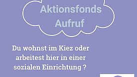 Ein Flyer mit Text zeigt einen Aufruf des QM-Teams Klixstraße/Auguste-Viktoria-Allee zum Aktionsfonds 2026.