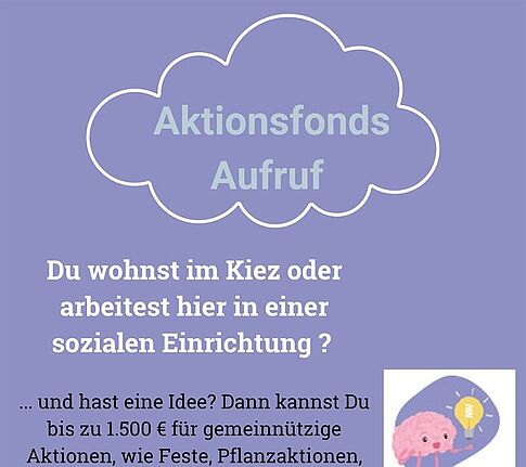 Ein Flyer mit Text zeigt einen Aufruf des QM-Teams Klixstraße/Auguste-Viktoria-Allee zum Aktionsfonds 2026.