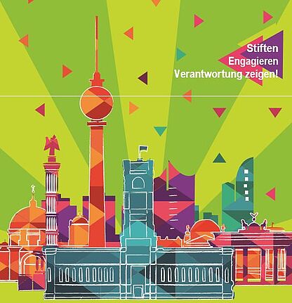 Stiften, Engagieren und Verantwortung zeigen – darum geht’s beim 8. Berliner Stiftungstag. Illustration: Landesfreiwilligenagentur Berlin e. V.
