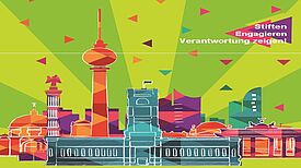 Stiften, Engagieren und Verantwortung zeigen – darum geht’s beim 8. Berliner Stiftungstag. Illustration: Landesfreiwilligenagentur Berlin e. V.