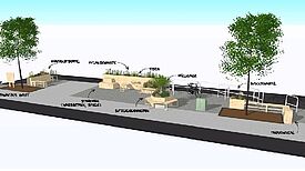 Gegenüber der Rixdorfer Schule in der Donaustraße sollte im Frühling 2020 eine grüne Ecke mit Pflanzbeeten und hölzernen Sitzgelegenheiten entstehen. Aufgrund der Corona-Pandemie wurde der Aufbau pausiert und wird hoffentlich im Sommer 2021 fortgeführt. (Grafik: Life e.V.)