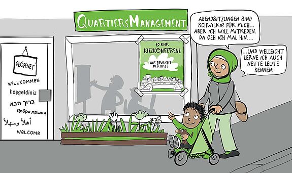 Ein Comic zeigt eine Mutter mit Kinderwagen vor dem geöffneten Büro eines Quartiersmanagements. Hinter dem Schaufenster wird schemenhaft eine rege Kiezkonferenz angedeutet. Die Mutter spricht zu ihrem Kind im Kinderwagen: "Abendsitzungen sind schwierig für mich... aber ich will mitreden. Da geh ich mal hin und vielleicht lerne ich auch nette Leute kennen!"