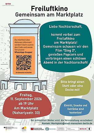 Plakat anlässlich des Freiluftkinos „Gemeinsam am Marktplatz“ mit gezeichneter Litfaßsäule und QR-Code.