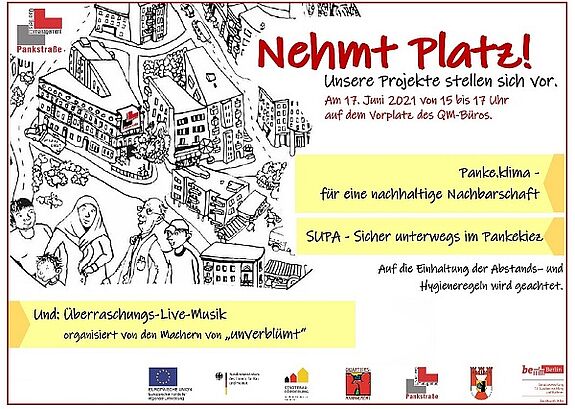 Am 17. Juni 2021 stellen sich die Projekte SUPA und Panke.klima der Bewohnerschaft vor. Flyer: QM Pankstrasse 