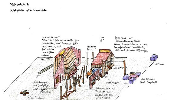 Eine Zeichnung zeigt die Pläne für den Umbau des Kleinkinderspielplatzes im QM-Gebiet Rixdorf.