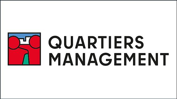 Logo des Quartiersmanagements mit zwei stilisierten roten Figuren und dem Schriftzug „Quartiersmanagement“.