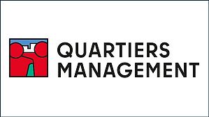 Logo des Quartiersmanagements mit zwei stilisierten roten Figuren und dem Schriftzug „Quartiersmanagement“.