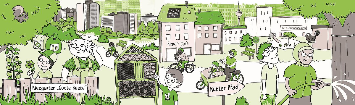Ein Comic-Strip zum Thema Klimaschutz und Klimaanpassung Berlin. Zu sehen sind verschiedene Personen in einem stilisierten Berliner Stadtviertel mit Urban Gardening.