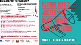 Im Quartier rund um die Hellersdorfer Promenade wird vom 14. bis zum 26. Juni 2021 der neue Quartiersrat gewählt. Bewerbungsschluss ist der 25. Mai 2021. (Grafik: QM Hellersdorfer Promenade)