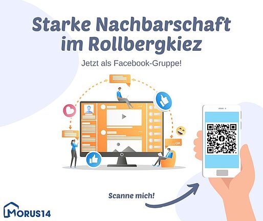 Rollbergerinnen und Rollberger können den QR-Code scannen und der Facebookgruppe beitreten. (Bild: QM Rollbergsiedlung/ Morus 14 e.V.)