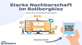 Rollbergerinnen und Rollberger können den QR-Code scannen und der Facebookgruppe beitreten. (Bild: QM Rollbergsiedlung/ Morus 14 e.V.)