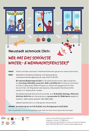 Wer hat das schönste Winter- und Weihnachtsfenster in der Spandauer Neustadt? Wer sich jetzt angesprochen fühlt, der kann was gewinnen: Die schönsten drei Fenster bekommen einen tollen Preis. (Grafik: Literatur Kunst und Kultur Brücken Berlin e. V.)
