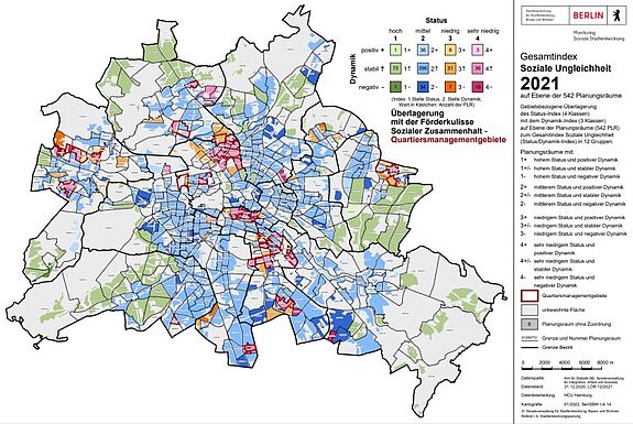 Die Übersichtskarte zeigt die Ergebnisse des Monitorings Soziale Stadtentwicklung 2021 in den Quartiersmanagementgebieten. (Bild: Senatsverwaltung für Stadtentwicklung, Bauen und Wohnen)