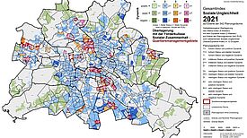 Die Übersichtskarte zeigt die Ergebnisse des Monitorings Soziale Stadtentwicklung 2021 in den Quartiersmanagementgebieten. (Bild: Senatsverwaltung für Stadtentwicklung, Bauen und Wohnen)