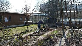 Eine Person bewässert Pflanzen in einem der Beete des Gemeinschaftsgartens.
