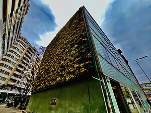 Ansicht von unten auf eine begrünte Fassade an einem funktionalen Neubau. Im Hintergrund dichte Wohnbebauung der 1970er Jahre.