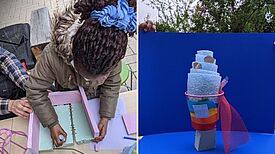 Mit Farbe und Licht für mehr Helligkeit im Kiez: In einem Workshop im Mai 2021 haben die Kinder und Jugendlichen bunte 3D-Collagen und Skulpturen aus verschiedenen Materialien entworfen und erstellt. (Bilder: Kollektiv Plus X)