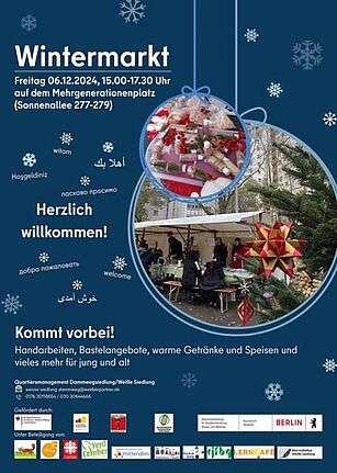 Das Plakat für den Wintermarkt im QM-Gebiet Dammwegsiedlung / Weiße Siedlung zeigt ein Bild von einem Stand. 