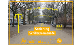 Umbau der Schillerpromenade. Foto und Grafik: QM Schillerpromenade