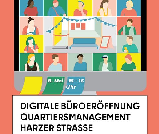 Anfang Mai 2021 hat das Team vom QM Harzer Straßen zur virtuellen Eröffnung geladen. Dabei haben die Beteiligten nicht nur auf 50 Jahre Städtebauförderung zurückgeblickt sondern auch nach vorne geschaut. (Grafik: QM Harzer Straße)