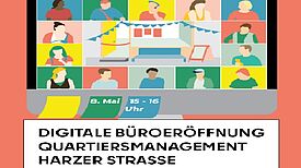Anfang Mai 2021 hat das Team vom QM Harzer Straßen zur virtuellen Eröffnung geladen. Dabei haben die Beteiligten nicht nur auf 50 Jahre Städtebauförderung zurückgeblickt sondern auch nach vorne geschaut. (Grafik: QM Harzer Straße)