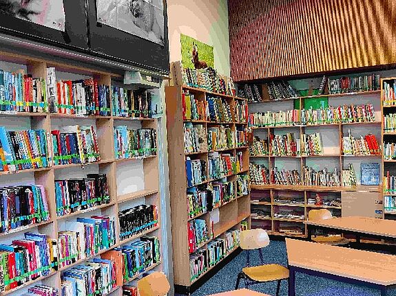 Die Bibliothek in der Karlsgarten-Grundschule ist eine Oase der Ruhe. 2.500 Bücher gibt es hier, für unterschiedliche Niveaus und aus verschiedenen Bereichen. (Bild: Birgit Leiß)