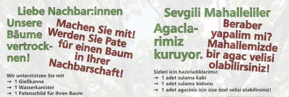 Im QM Heerstraße Nord können die Menschen aus der Nachbarschaft Patenschaften für Bäume übernehmen und diese dann gießen. (Bild: QM Heerstraße Nord)