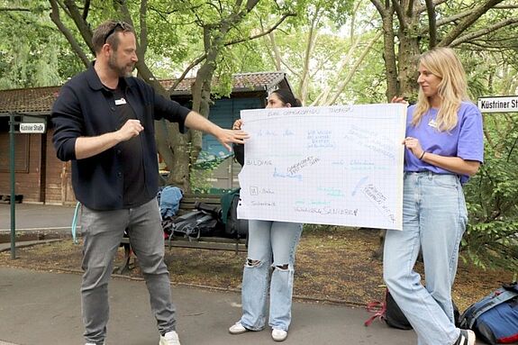 Drei Personen präsentieren bei einem Treffen im Freien einen großen Papierbogen mit Themen und Anliegen der Kreuzberger Quartiersräte.