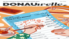 Das Titelbild der „Donauwelle“ zeigt einen illustrierten Wahlzettel mit einer Hand, die einen Stift hält.  
