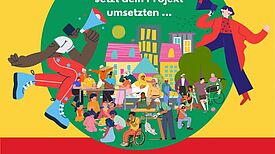 Auf der bunten Grafik zum Aktionsfonds-Aufruf wird eine Nachbarschaft mit vielen unterschiedlichen Menschen dargestellt.