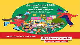 Auf der bunten Grafik zum Aktionsfonds-Aufruf wird eine Nachbarschaft mit vielen unterschiedlichen Menschen dargestellt.