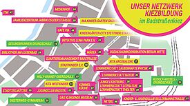 Karte des Netzwerks Kiezbildung im Badstraßenkiez mit eingetragenen Bildungsorten und Einrichtungen im Quartier.