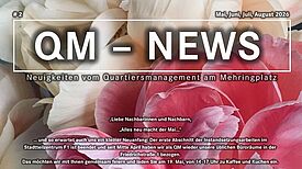 Das Titelbild der Kiezzeitung „QM-News“ am Mehringplatz zeigt die Themen der Ausgabe Mai bis August 2026 vor einem floralen Hintergrund. 