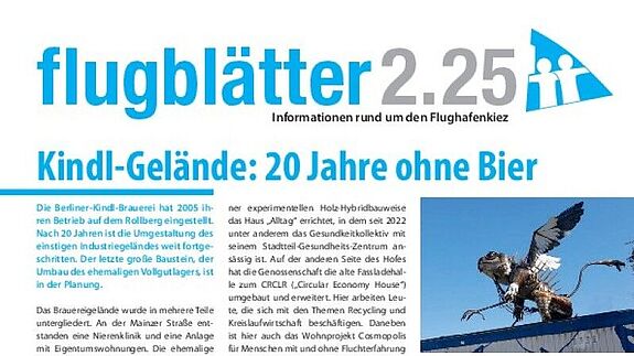 Titelseite des Kiezmagazins „flugblätter“ informiert mit Bildern und Texten über das Kindl-Gelände im QM-Gebiet Flughafenstraße.