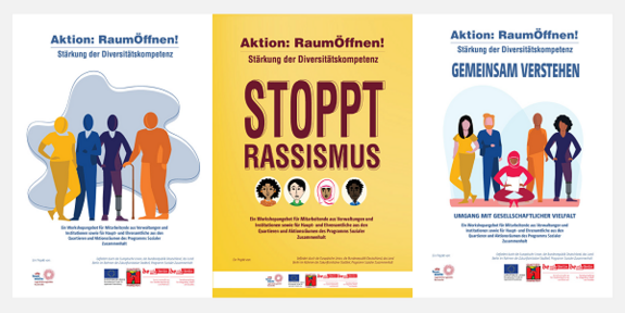 Drei neue Broschüren zeigen Methoden und Übungen für mehr Toleranz und ein achtsames Miteinander. Grafiken: „Aktion:RaumÖffnen!“